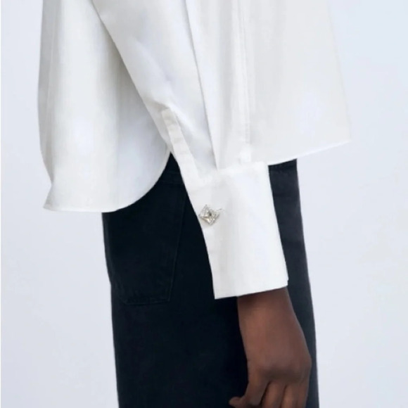 ZARA Jewel Buttons  Poplin Cropped Shirt SIZE L - Picture 2 of 12